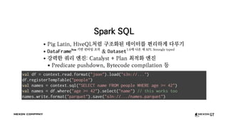 Spark SQL
Pig Latin, HiveQL처럼 구조화된 데이터를 편리하게 다루기
DataFrameRow 기반 런타임 조작
& Dataset1.6에 나온 새 API; Strongly typed
강력한 쿼리 엔진: Catalyst + Plan 최적화 엔진
Predicate pushdown, Bytecode compilation 등
val df = context.read.format("json").load("s3n://...")
df.registerTempTable("people")
val names = context.sql("SELECT name FROM people WHERE age >= 42")
val names = df.where("age >= 42").select("name") // this works too
names.write.format("parquet").save("s3n://.../names.parquet")
 