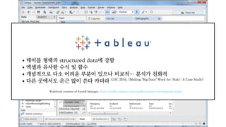 테이블 형태의 structured data에 강함
엑셀과 유사한 수식 및 함수
개념적으로 다소 어려운 부분이 있으나 비교적… 분석가 친화적
다른 곳에서도 은근 많이 쓴다 카더라 GDC 2016, <Making "Big Data" Work for 'Halo': A Case Study>
Workbook courtesy of Russell Splanger, https://public.tableau.com/s/gallery/human-development-index
 