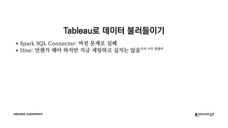 Tableau로 데이터 불러들이기
Spark SQL Connector: 버전 문제로 실패
Hive: 언젠가 해야 하지만 지금 세팅하고 싶지는 않음이미 너무 밀렸어
 