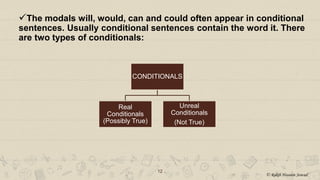 The modals will, would, can and could often appear in conditional
sentences. Usually conditional sentences contain the word it. There
are two types of conditionals:
12
CONDITIONALS
Real
Conditionals
(Possibly True)
Unreal
Conditionals
(Not True)
© Rakib Hossain Sowad
 