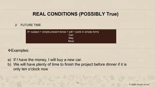 REAL CONDITIONS (POSSIBLY True)
✘ FUTURE TIME
13
If+ subject + simple present tense + will + [verb in simple form]
Can
May
Must
Examples:
a) If I have the money, I will buy a new car.
b) We will have plenty of time to finish the project before dinner if it is
only ten o'clock now
© Rakib Hossain Sowad
 