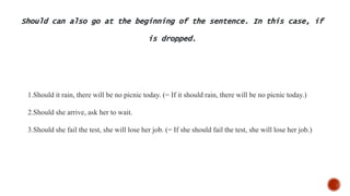 Should can also go at the beginning of the sentence. In this case, if
is dropped.
1.Should it rain, there will be no picnic today. (= If it should rain, there will be no picnic today.)
2.Should she arrive, ask her to wait.
3.Should she fail the test, she will lose her job. (= If she should fail the test, she will lose her job.)
 