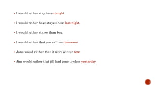  I would rather stay here tonight.
 I would rather have stayed here last night.
 I would rather starve than beg.
 I would rather that you call me tomorrow.
 Jane would rather that it were winter now.
 Jim would rather that jill had gone to class yesterday
 