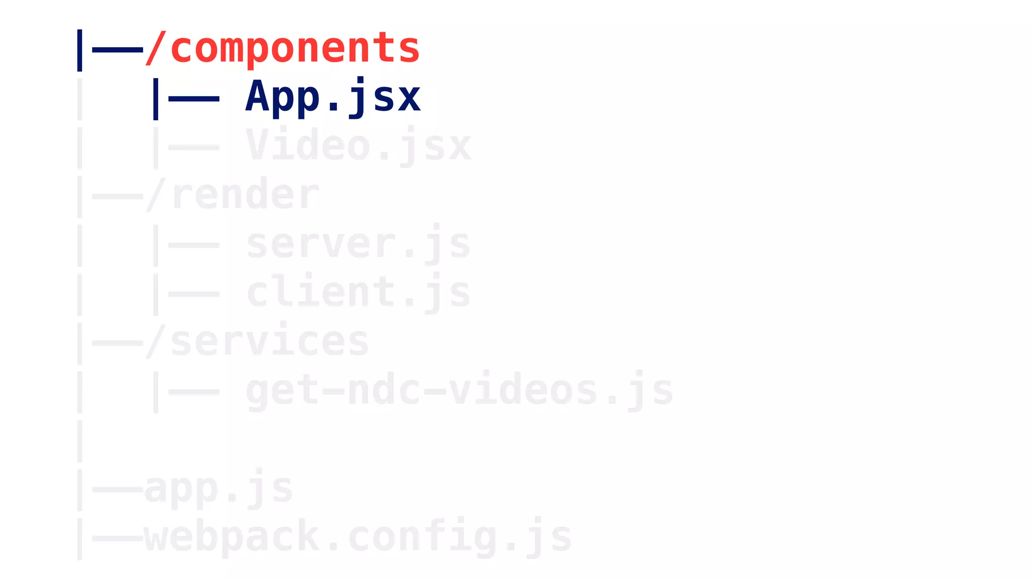 |——/components
| |—— App.jsx
| |—— Video.jsx
|——/render
| |—— server.js
| |—— client.js
|——/services
| |—— get-ndc-videos.js
|
|——app.js
|——webpack.config.js
 