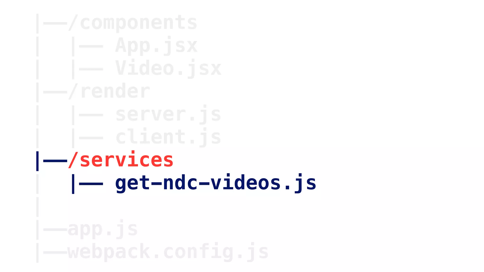 |——/components
| |—— App.jsx
| |—— Video.jsx
|——/render
| |—— server.js
| |—— client.js
|——/services
| |—— get-ndc-videos.js
|
|——app.js
|——webpack.config.js
 