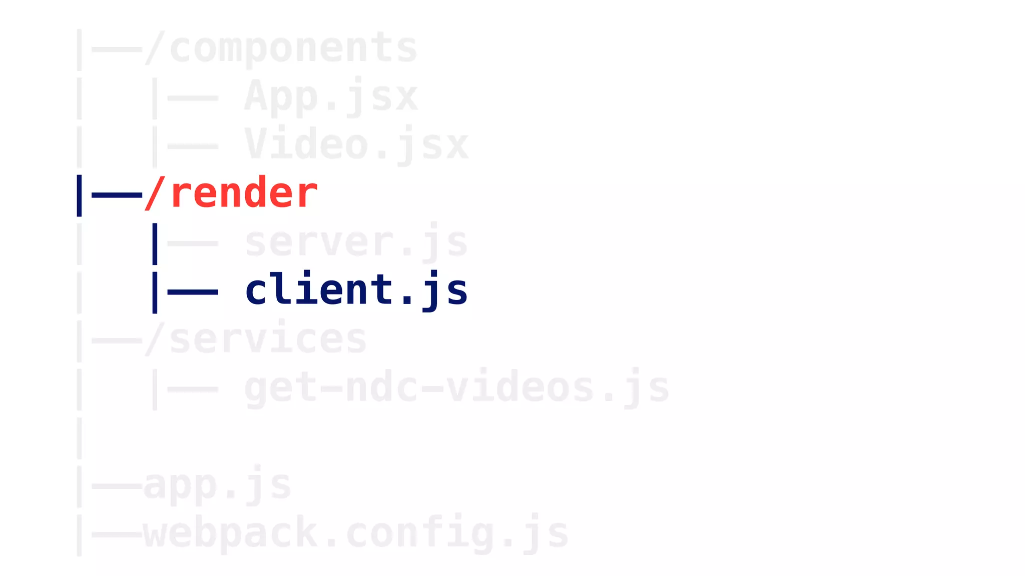 |——/components
| |—— App.jsx
| |—— Video.jsx
|——/render
| |—— server.js
| |—— client.js
|——/services
| |—— get-ndc-videos.js
|
|——app.js
|——webpack.config.js
 