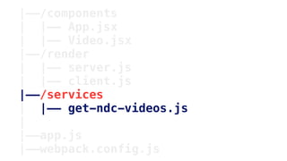 |——/components
| |—— App.jsx
| |—— Video.jsx
|——/render
| |—— server.js
| |—— client.js
|——/services
| |—— get-ndc-videos.js
|
|——app.js
|——webpack.config.js
 