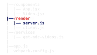|——/components
| |—— App.jsx
| |—— Video.jsx
|——/render
| |—— server.js
| |—— client.js
|——/services
| |—— get-ndc-videos.js
|
|——app.js
|——webpack.config.js
 