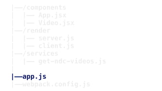 |——/components
| |—— App.jsx
| |—— Video.jsx
|——/render
| |—— server.js
| |—— client.js
|——/services
| |—— get-ndc-videos.js
|
|——app.js
|——webpack.config.js
 