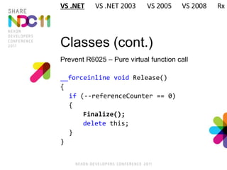 Classes (cont.)
Prevent R6025 – Pure virtual function call
__forceinline void Release()
{
if (--referenceCounter == 0)
{
Finalize();
delete this;
}
}
VS .NET VS .NET 2003 VS 2005 VS 2008 Rx
 
