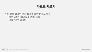 가로로 자르기
• 한 번의 요청이 여러 요청을 동반할 수도 있음
– 매번 요청이 네트워크를 건너 처리됨
– 응답 시간이 길어진다.
 