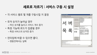 세로로 자르기 : 서비스 구동 시 설정
• 각 서비스 별로 몇 개를 구동시킬 지 결정
• 유저 숫자가 늘어날 경우
– 머신 숫자를 늘리고 서비스 개수 증가
• 특정 기능에 로드가 집중될 경우
– 특정 서비스의 숫자만 증가
• 런타임에 바꿀 수 있으면 좋다.
– 영웅전에서는 실패
 