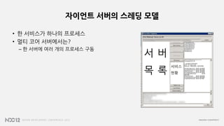 자이언트 서버의 스레딩 모델
• 한 서비스가 하나의 프로세스
• 멀티 코어 서버에서는?
– 한 서버에 여러 개의 프로세스 구동
 