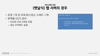 프로그래밍 모델
(옛날식) 웹 서버의 경우
• 요청 1개 당 프로세스(또는 스레드 1개)
• 문맥을 OS가 관리
– 단순한 프로그래밍 모델
– 성능 오버헤드 높음
#include <stdio.h>
int main(int argc, char** argv)
{
printf(“%s”, getHttpHeader());
printf(“%s”, getHtmlDoc(argc, argv));
return 0;
}
 