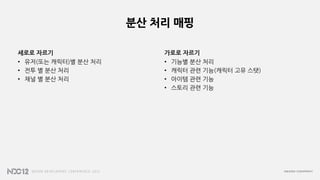 분산 처리 매핑
세로로 자르기
• 유저(또는 캐릭터)별 분산 처리
• 전투 별 분산 처리
• 채널 별 분산 처리
가로로 자르기
• 기능별 분산 처리
• 캐릭터 관련 기능(캐릭터 고유 스탯)
• 아이템 관련 기능
• 스토리 관련 기능
 