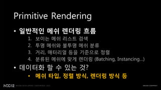 Primitive Rendering
• 일반적인 메쉬 렌더링 흐름
   1.   보이는 메쉬 리스트 검색
   2.   투명 메쉬와 불투명 메쉬 분류
   3.   거리, 매터리얼 등을 기준으로 정렬
   4.   분류된 메쉬에 맞게 렌더링 (Batching, Instancing…)
• 데이터화 핛 수 있는 것?
   • 메쉬 타입, 정렬 방식, 렌더링 방식 등
 
