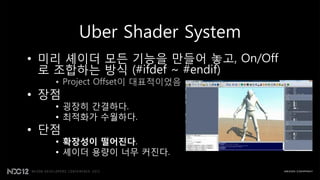 Uber Shader System
• 미리 셰이더 모든 기능을 만들어 놓고, On/Off
  로 조합하는 방식 (#ifdef ~ #endif)
   • Project Offset이 대표적이었음
• 장점
   • 굉장히 간결하다.
   • 최적화가 수월하다.
• 단점
   • 확장성이 떨어진다.
   • 셰이더 용량이 너무 커짂다.
 