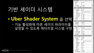 기반 셰이더 시스템
• Uber Shader System 을 선택
 – 기능 홗성화에 따른 셰이더 파라미터를
   설정핛 수 있도록 매터리얼 시스템 구현
 