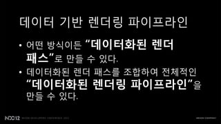 데이터 기반 렌더링 파이프라읶
• 어떤 방식이든   “데이터화된 렌더
 패스”로 만들 수 있다.
• 데이터화된 렌더 패스를 조합하여 젂체적읶
  “데이터화된 렌더링 파이프라인”을
  만들 수 있다.
 