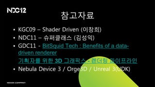 참고자료
• KGC09 – Shader Driven (이창희)
• NDC11 – 슈퍼클래스 (김성익)
• GDC11 - BitSquid Tech : Benefits of a data-
  driven renderer
• 기획자를 위한 3D 그래픽스 - 렌더링 파이프라인
• Nebula Device 3 / Orge3D / Unreal 3(UDK)
 