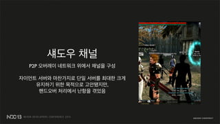 섀도우 채널
P2P 오버레이 네트워크 위에서 채널을 구성
자이언트 서버와 마찬가지로 단일 서버를 최대한 크게
유지하기 위한 목적으로 고안됐지만,
핸드오버 처리에서 난항을 겪었음
 