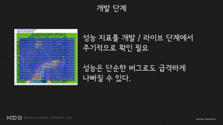 성능 지표를 개발 / 라이브 단계에서
주기적으로 확인 필요
성능은 단순한 버그로도 급격하게
나빠질 수 있다.
개발 단계
 