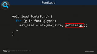 void load_font(font) {
for (g in font-glyphs)
max_size = max(max_size, getsize(g));
…
}
FontLoad
 