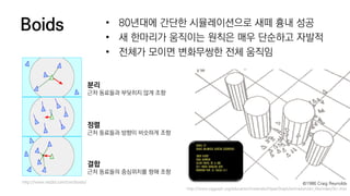 Boids ? 80??? ??? ??????? ?? ?? ??
? ? ???? ???? ??? ?? ???? ???
? ??? ??? ????? ?? ???
??
?? ???? ???? ?? ??
??
?? ???? ??? ???? ??
??
?? ???? ????? ?? ??
http://www.red3d.com/cwr/boids/
http://www.siggraph.org/education/materials/HyperGraph/animation/art_life/video/3cr.mov
? 1986 Craig Reynolds
 