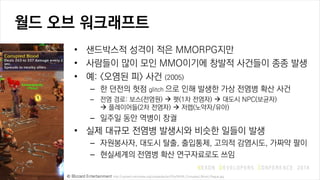 ?? ?? ?????
? ????? ??? ?? MMORPG??
? ???? ?? ?? MMO??? ??? ???? ?? ??
? ?: <??? ?> ?? (2005)
C ? ??? ?? glitch ?? ?? ??? ?? ??? ?? ??
C ?? ??: ??(???) ? ?(1? ???) ? ??? NPC(???)
? ?????(2? ???) ? ??(???/??)
C ??? ?? ??? ??
? ?? ??? ??? ???? ??? ??? ??
C ?????, ??? ??, ????, ??? ????, ??? ??
C ????? ??? ?? ?????? ??
? Blizzard Entertainment http://upload.wikimedia.org/wikipedia/en/f/fe/WoW_Corrupted_Blood_Plague.jpg
 