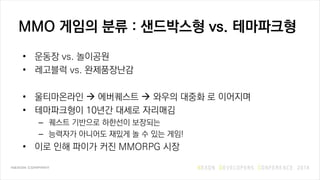 MMO ??? ?? : ????? vs. ?????
? ??? vs. ????
? ???? vs. ??????
? ?????? ? ????? ? ??? ??? ? ????
? ?????? 10?? ??? ????
C ??? ???? ???? ????
C ???? ???? ??? ? ? ?? ??!
? ?? ?? ??? ?? MMORPG ??
 