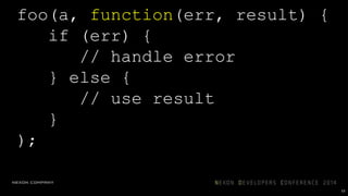 foo(a, function(err, result) {
if (err) {
// handle error
} else {
// use result
}
);
53
 