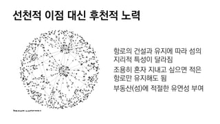 선천적 이점 대신 후천적 노력
항로의 건설과 유지에 따라 섬의
지리적 특성이 달라짐
조용히 혼자 지내고 싶으면 적은
항로만 유지해도 됨
부동산(섬)에 적절한 유연성 부여
 