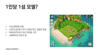 1인당 1섬 모델?
• CoC/팜게임 모델
• 나만의 공간을 가꾸고 성장시키는 검증된 모델
• MMORPG라고 하긴 어려운 구조
• 시뮬레이션 부담이 큼
 