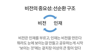 비전의중요성:선순환구조
비전은인재를부르고,인재는비전을만든다
뭐라도눈에보이는걸만들고공유하는게시작
‘보이는것’에는겉치장이상의큰힘이있다
인재비전
 