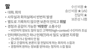 말
• 대화,회의
• 사무실과회의실에서빈번히발생
• 별도로기록하지않으면보존이안되고휘발
• 경청과공감이가능한‘따뜻한’소통수단
• 비언어적정보도많이담긴고맥락(high-context) 수단이라 조심
• 인터랙티브하긴하나턴제(?)라서 밀도낮을땐지루함
• 건너뛰기나 탐색이안됨
• 짧고간결하게, 본론이잘전달되게하는화자의스킬과
• 경청하며원하는정보를얻어내는 청자의스킬필요
수신비용★
송신비용★(xN)
전달력★
보존성 나쁨
 
