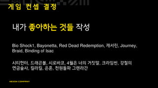 게 임 컨 셉 결 정
내가 좋아하는 것들 작성
Bio Shock1, Bayonetta, Red Dead Redemption, 캐서린, Journey,
Braid, Binding of Isac
시티헌터, 드래곤볼, 시로바코, 4월은 너의 거짓말, 크라임씬, 강철의
연금술사, 킬라킬, 은혼, 천원돌파 그렌라간
 