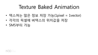 Texture Baked Animation
• 텍스쳐는 많은 정보 저장 가능(1pixel = 1vector)
• 각각의 픽셀에 버텍스의 위치값을 저장
• SM5부터 가능
 