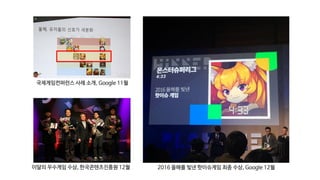 국제게임컨퍼런스 사례 소개, Google 11월
이달의 우수게임 수상, 한국콘텐츠진흥원 12월 2016 올해를 빛낸 핫이슈게임 최종 수상, Google 12월
 