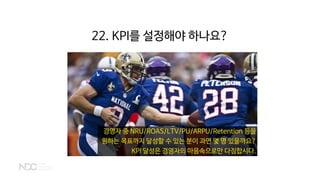 경영자 중 NRU/ROAS/LTV/PU/ARPU/Retention 등을
원하는 목표까지 달성할 수 있는 분이 과연 몇 명 있을까요?
KPI 달성은 경영자의 마음속으로만 다짐합시다.
22. KPI를 설정해야 하나요?
 