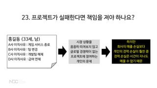 시장 상황을
꼼꼼히 따져보지 않고
글로벌 경쟁력이 없는
프로젝트에 참여하는
개인의 문제
홍길동 (33세, 남)
A사 이직사유 : 게임 서비스 종료
B사 이직사유 : 팀 변경
C사 이직사유 : 개발팀 해체
D사 이직사유 : 급여 연체
하지만
회사의 매출 손실보다
개인의 경력 손실이 훨씬 큼
경력 손실은 시간이 지나도
메울 수 없기 때문
23. 프로젝트가 실패한다면 책임을 져야 하나요?
 