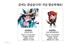 프로젝트L
조금 다른 MMORPG
런칭시기 : 2019년 하반기
주요타겟 : 10대 이상
사용엔진 : 언리얼
개발인원 : 80~120명
프로젝트H
스핀오프 RPG
런칭시기 : 2019년 상반기
주요타겟 : 20대 이상
사용엔진 : 유니티
개발인원 : 50~60명
준비는 끝났습니다! 지금 탑승하세요!
 