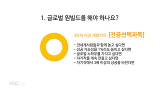 3년차 이상 개발자의 [전공선택과목]
- 전세계사람들과 함께 놀고 싶다면
- 성공 가능성을 1%라도 높이고 싶다면
- 글로벌 노하우를 가지고 싶다면
- 차기작을 계속 만들고 싶다면
- 차기작에서 3배 이상의 성공을 바란다면
1. 글로벌 원빌드를 해야 하나요?
 