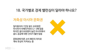 저축성 아시아 문화권
일이용자의 1인당 골드 보유량은
아시아가 아메리카보다 2~3배 많음
하지만 골드보유량이 높은 아시아에서
골드 공급에 대한 건의가 훨씬 많음
문화권에 따른 소비 패턴의 차이로
계속 유심히 지켜보는 중
18. 국가별로 경제 밸런싱이 달라야 하나요?
 