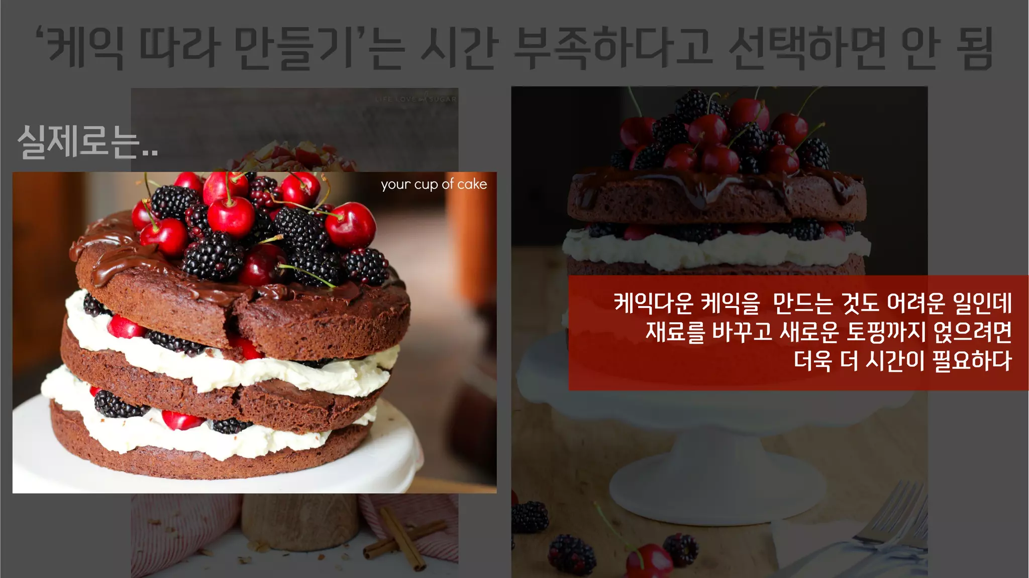 ‘케익 따라 만들기’는 시간 부족하다고 선택하면 안 됨
케익다운 케익을 만드는 것도 어려운 일인데
재료를 바꾸고 새로운 토핑까지 얹으려면
더욱 더 시간이 필요하다
실제로는..
 