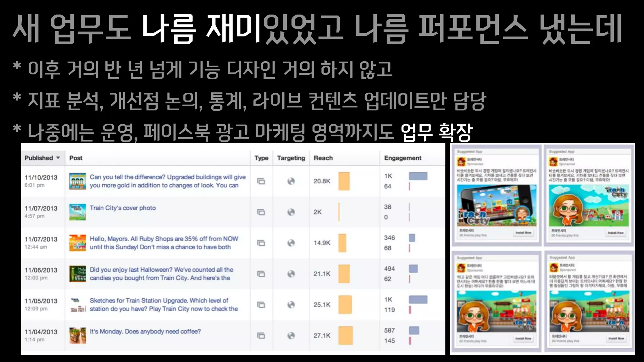 새 업무도 나름 재미있었고 나름 퍼포먼스 냈는데
* 이후 거의 반 년 넘게 기능 디자인 거의 하지 않고
* 지표 분석, 개선점 논의, 통계, 라이브 컨텐츠 업데이트만 담당
* 나중에는 운영, 페이스북 광고 마케팅 영역까지도 업무 확장
 