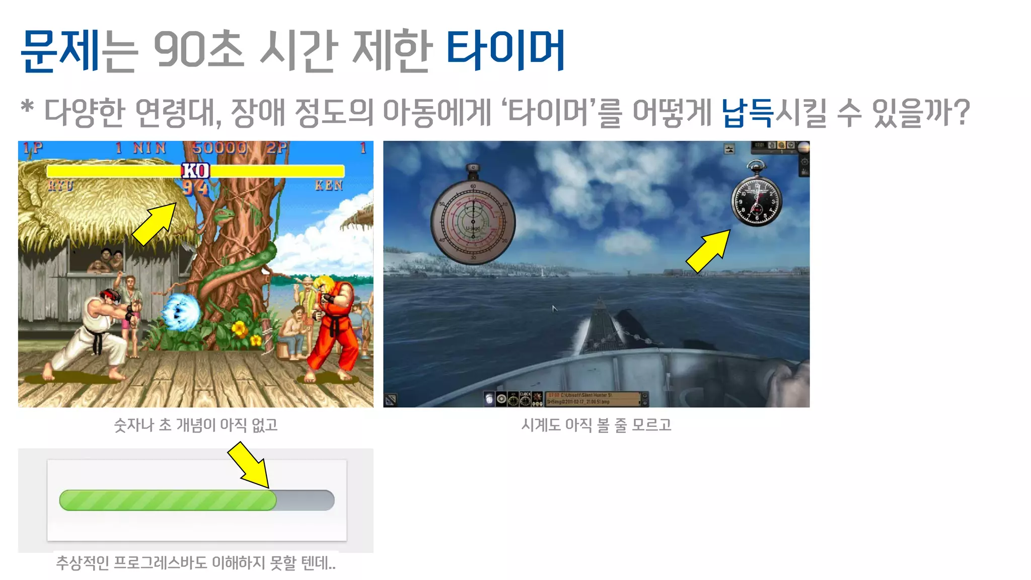 문제는 90초 시간 제한 타이머
* 다양한 연령대, 장애 정도의 아동에게 ‘타이머’를 어떻게 납득시킬 수 있을까?
숫자나 초 개념이 아직 없고 시계도 아직 볼 줄 모르고
추상적인 프로그레스바도 이해하지 못할 텐데..
 