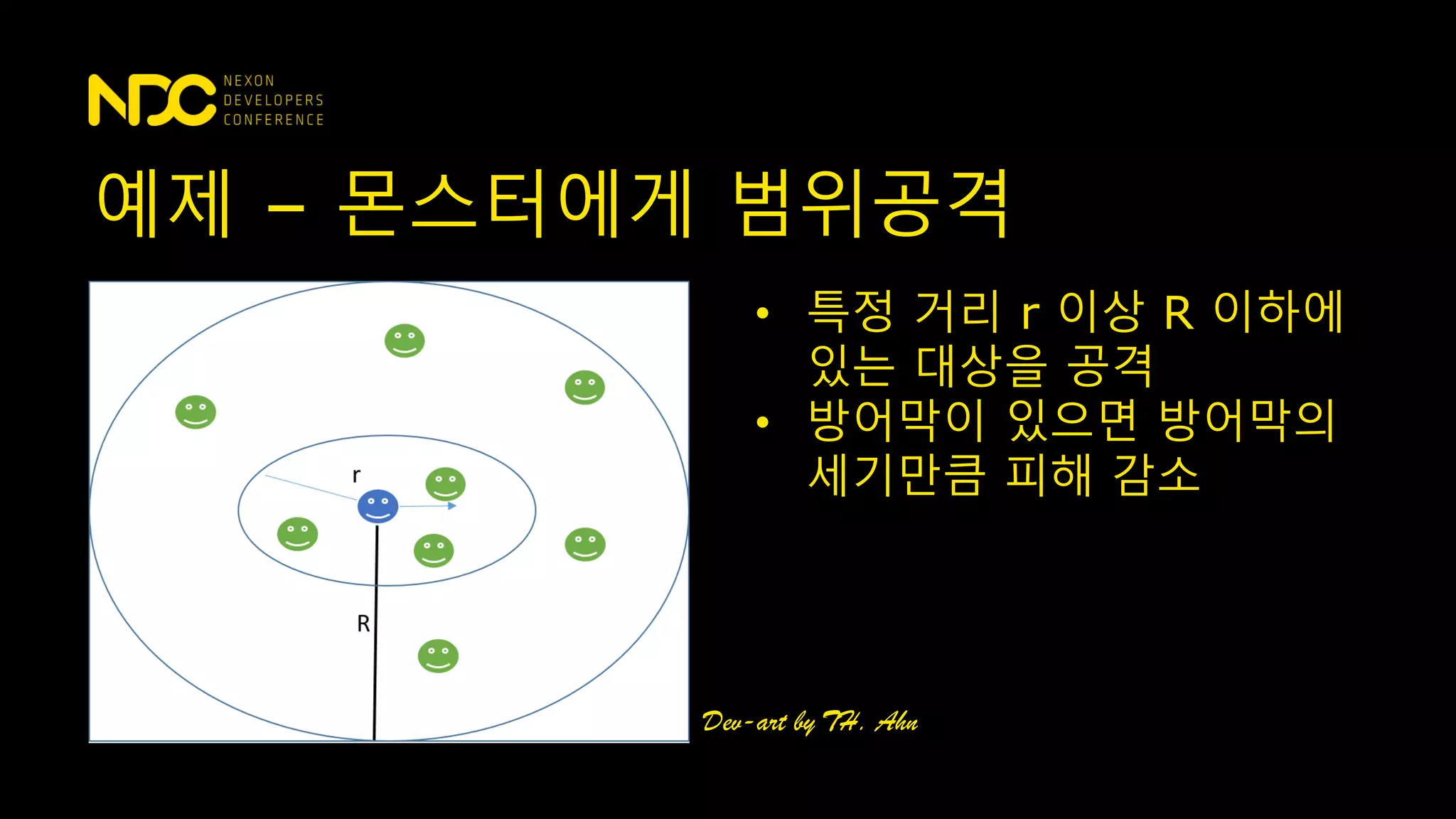 예제 – 몬스터에게 범위공격
• 특정 거리 r 이상 R 이하에
있는 대상을 공격
• 방어막이 있으면 방어막의
세기만큼 피해 감소
Dev-art by TH. Ahn
 