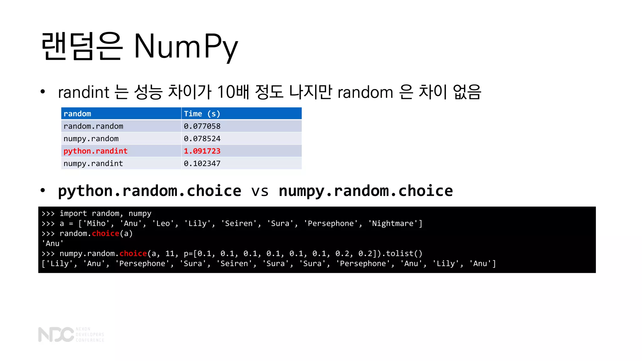 랜덤은 NumPy
• randint 는 성능 차이가 10배 정도 나지만 random 은 차이 없음
• python.random.choice vs numpy.random.choice
>>> import random, numpy
>>> a = ['Miho', 'Anu', 'Leo', 'Lily', 'Seiren', 'Sura', 'Persephone', 'Nightmare']
>>> random.choice(a)
'Anu'
>>> numpy.random.choice(a, 11, p=[0.1, 0.1, 0.1, 0.1, 0.1, 0.1, 0.2, 0.2]).tolist()
['Lily', 'Anu', 'Persephone', 'Sura', 'Seiren', 'Sura', 'Sura', 'Persephone', 'Anu', 'Lily', 'Anu']
random Time (s)
random.random 0.077058
numpy.random 0.078524
python.randint 1.091723
numpy.randint 0.102347
 