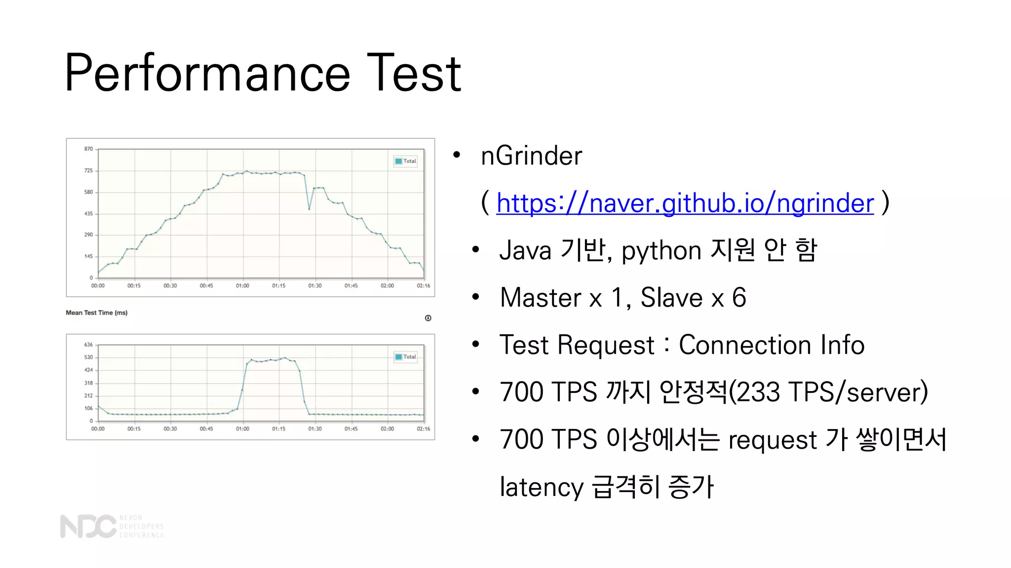 Performance Test
• nGrinder
( https://naver.github.io/ngrinder )
• Java 기반, python 지원 안 함
• Master x 1, Slave x 6
• Test Request : Connection Info
• 700 TPS 까지 안정적(233 TPS/server)
• 700 TPS 이상에서는 request 가 쌓이면서
latency 급격히 증가
 