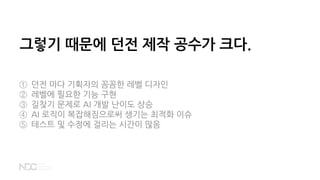 그렇기 때문에 던전 제작 공수가 크다.
① 던전 마다 기획자의 꼼꼼한 레벨 디자인
② 레벨에 필요한 기능 구현
③ 길찾기 문제로 AI 개발 난이도 상승
④ AI 로직이 복잡해짐으로써 생기는 최적화 이슈
⑤ 테스트 및 수정에 걸리는 시간이 많음
 